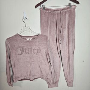 Juicy Couture Long Sleeve Top and Drawstring Pants Velvet Fleece Pajama Set Pink